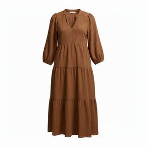 Violeta MNG Brown Tiered Boho Midi Dress V-neck Storybook Cottagecore Draped
